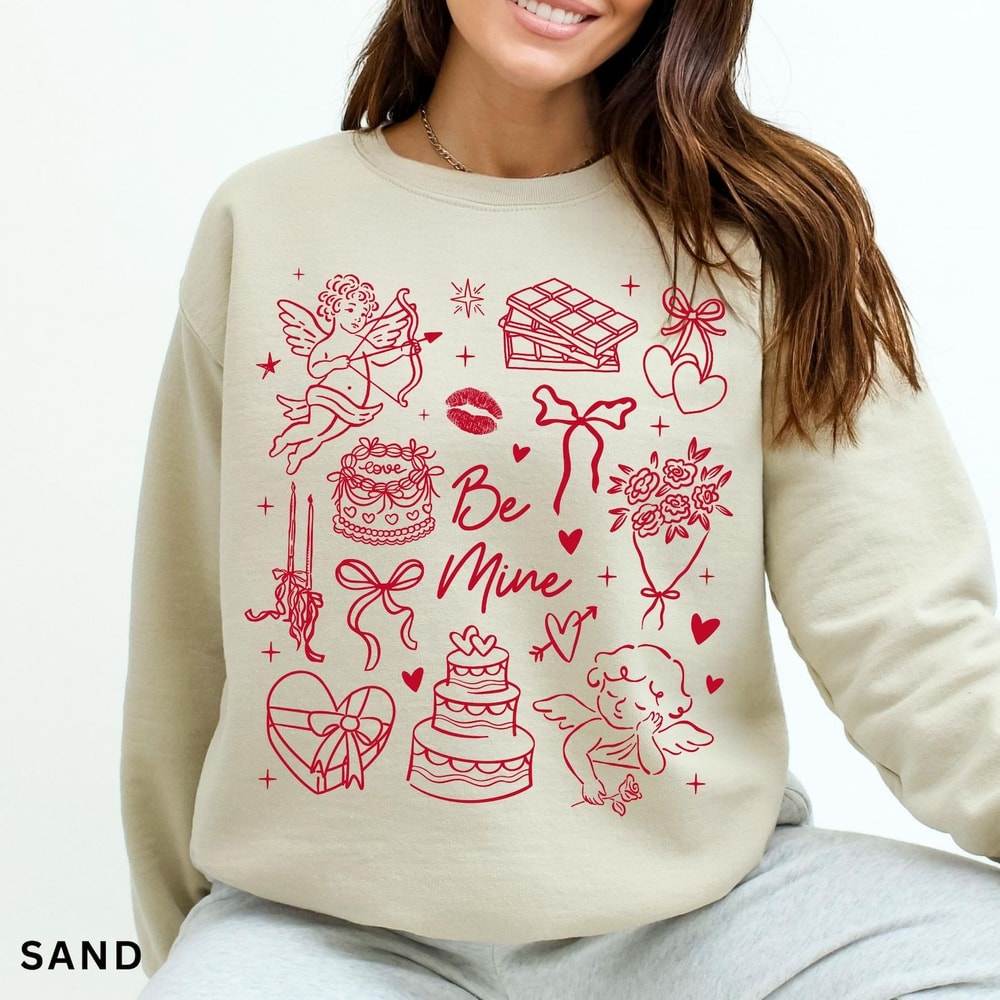 Be Mine Valentine Sweatshirt Vintage Valentines Shirt Womens Trendy Valentine Doodle Shirt 1