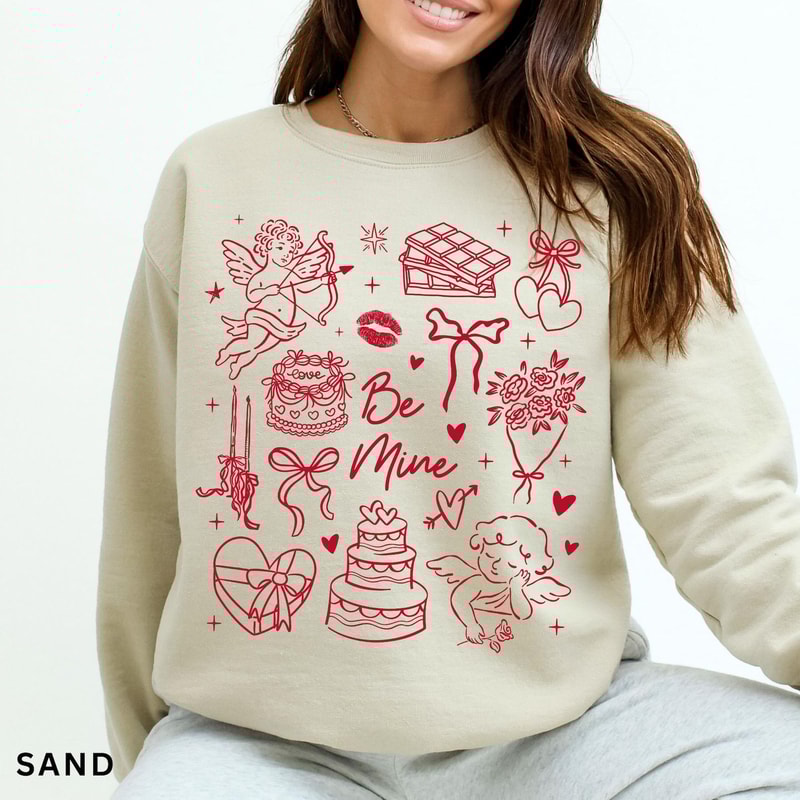 Be Mine Valentine Sweatshirt Vintage Valentines Shirt Womens Trendy Valentine Doodle Shirt 1
