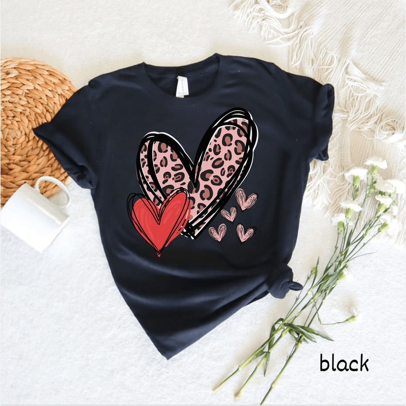 Leopard Heart Valentine Shirt Cute Doodle Heart Love Tee Womens Gift Top 3