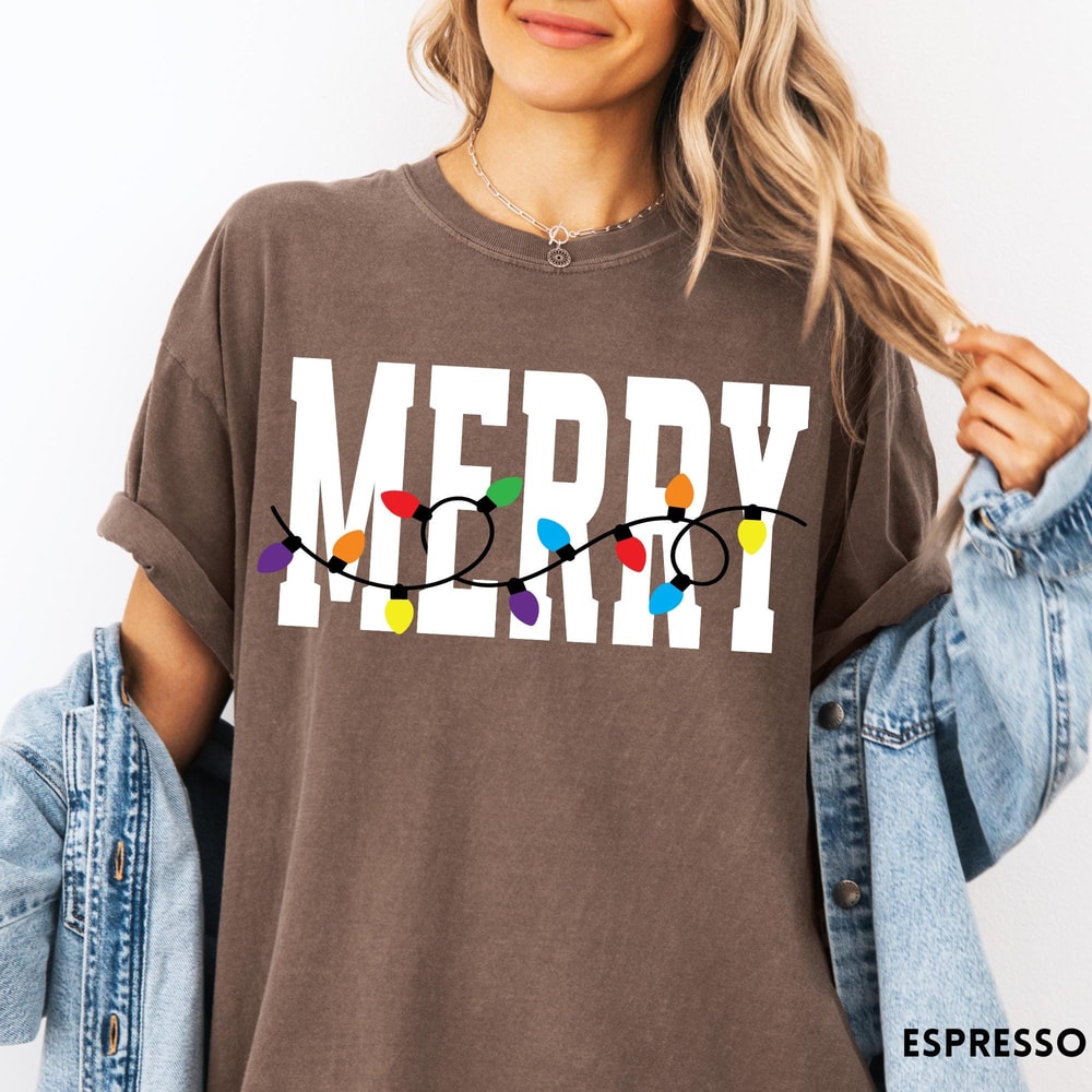 Merry Christmas Lights Shirt Minimal Holiday Graphic Tee Festive Christmas TShirt 3