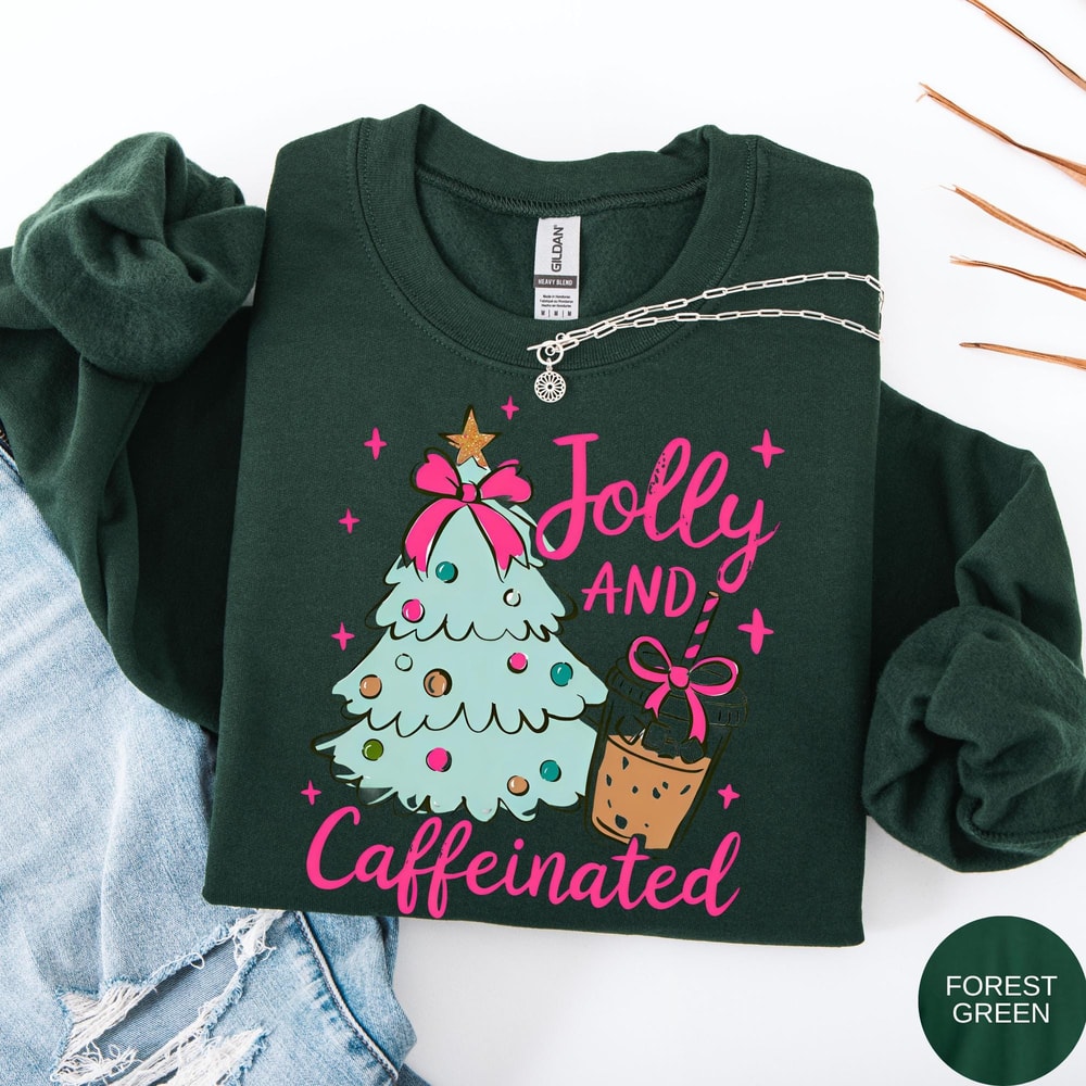 Jolly And Caffeinated Sweatshirt Cute Vintage Womens Christmas Shirt Coffee Sweatshirt 2