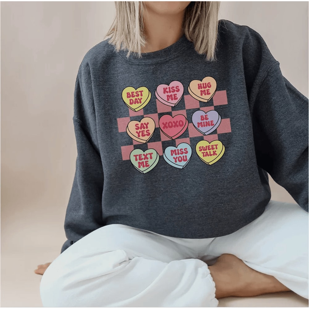 Valentines Day Sweatshirt For Women Positive Affirmation Retro Conversation Hearts Pullover 4