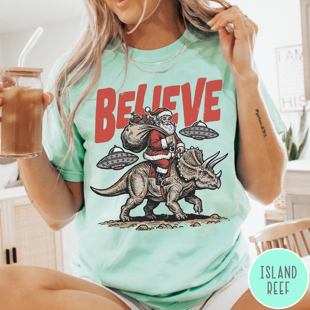 Funny Christmas Comfort Colors TShirt Believe In Santa Shirt Unisex Santa Dinosaur UFO Tee 0
