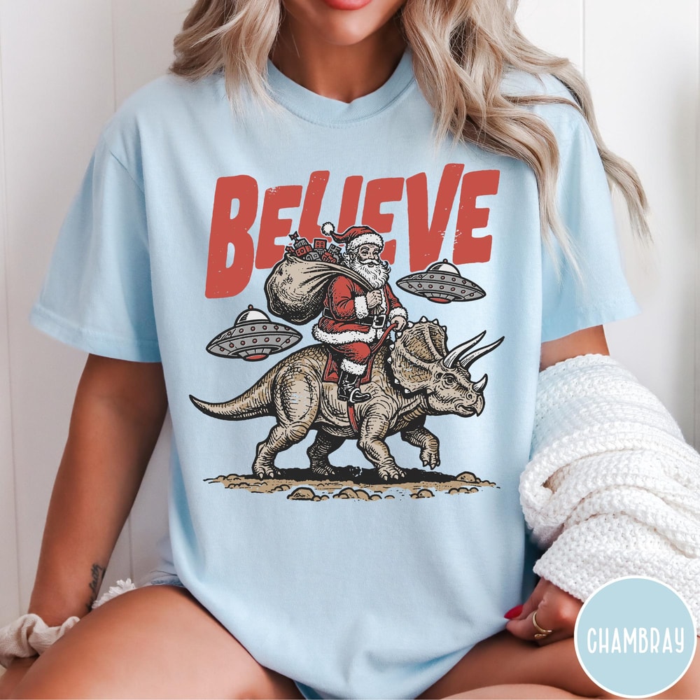 Funny Christmas Comfort Colors TShirt Believe In Santa Shirt Unisex Santa Dinosaur UFO Tee 2
