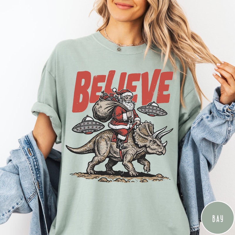Funny Christmas Comfort Colors TShirt Believe In Santa Shirt Unisex Santa Dinosaur UFO Tee 3