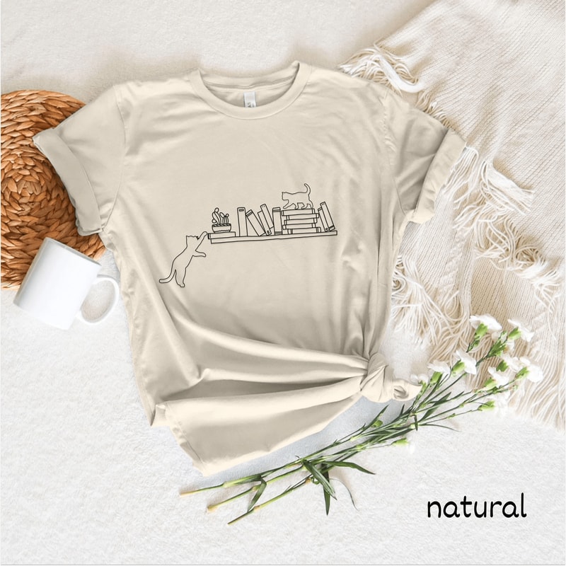 Cute Cat Book Shirt For Women Book Lover Botanical Reading Tee Funny Bookish Casual Top 0