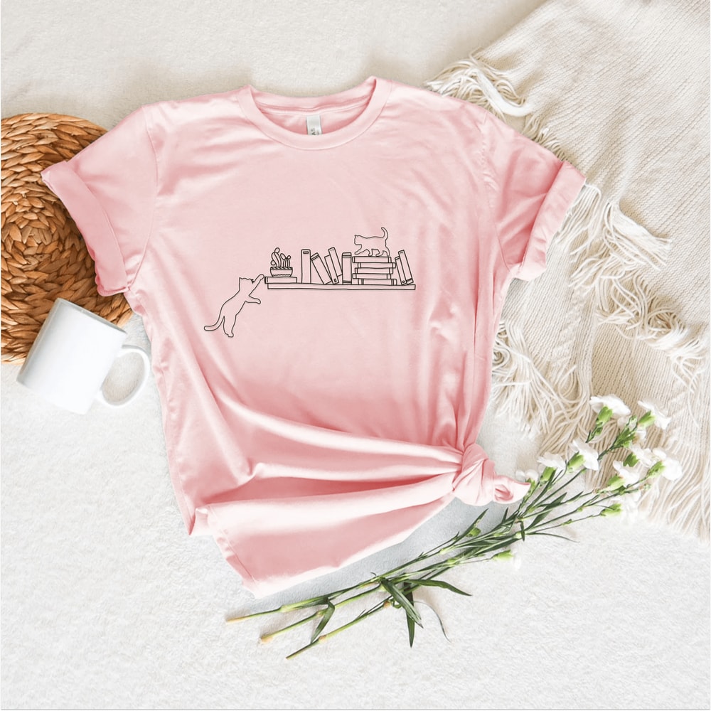 Cute Cat Book Shirt For Women Book Lover Botanical Reading Tee Funny Bookish Casual Top 2