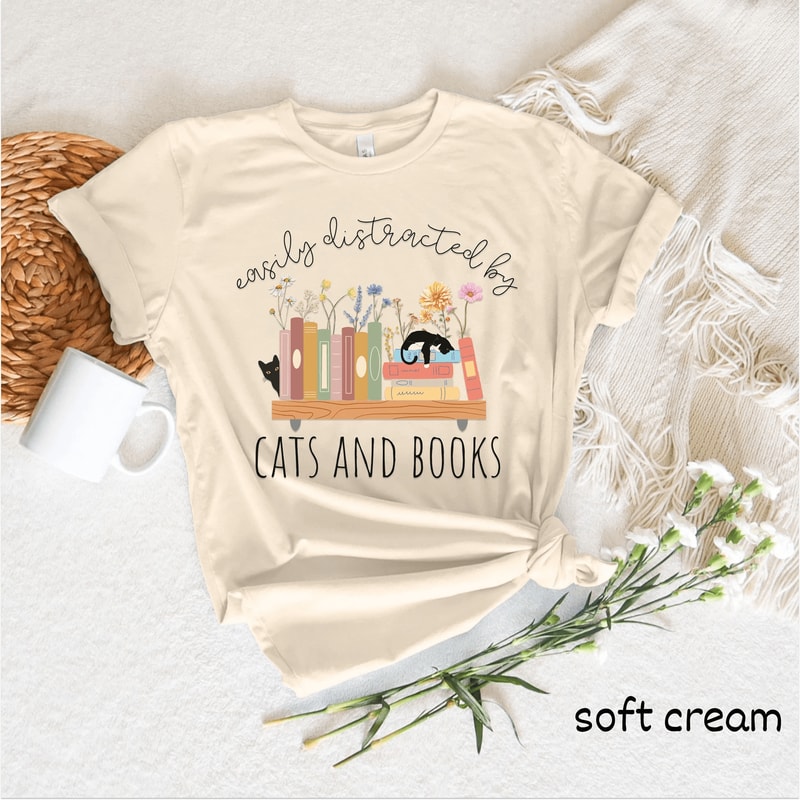 Cute Cat Book Shirt For Women Book Lover Reading Tee Funny Bookish Casual Cat Graphic Top 0