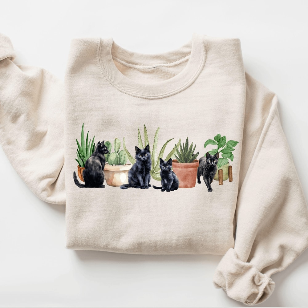 Cats And Plants Sweatshirt For Women Plant Lady Cat Lover Garden Crewneck Cozy Botanical Pullover 0