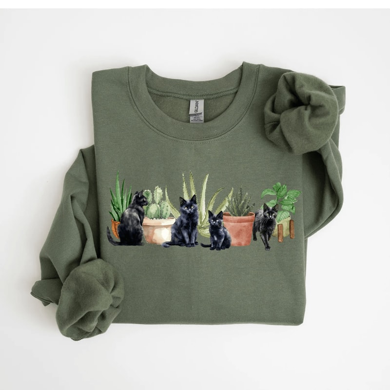 Cats And Plants Sweatshirt For Women Plant Lady Cat Lover Garden Crewneck Cozy Botanical Pullover 1