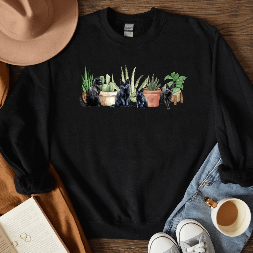 Cats And Plants Sweatshirt For Women Plant Lady Cat Lover Garden Crewneck Cozy Botanical Pullover 4