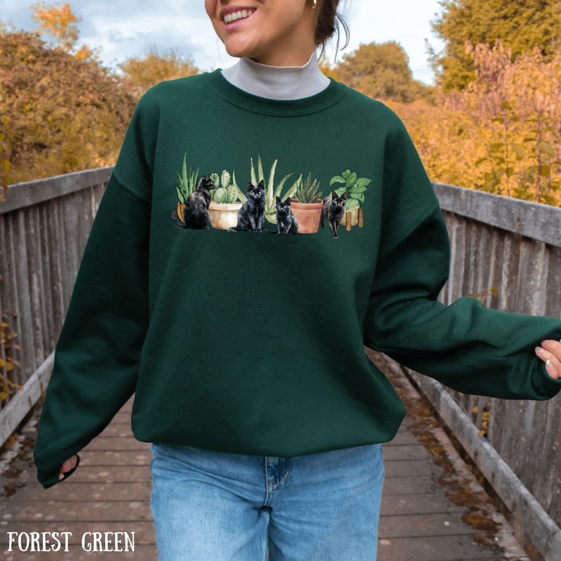 Cats And Plants Sweatshirt For Women Plant Lady Cat Lover Garden Crewneck Cozy Botanical Pullover 5