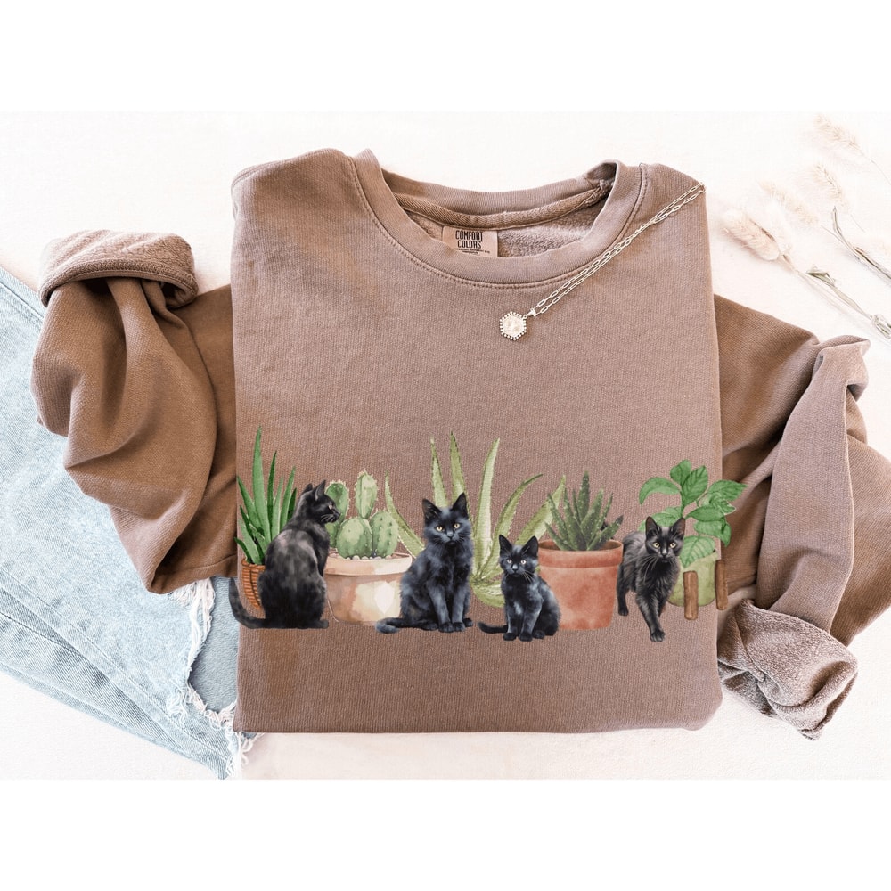 Cats And Plants Sweatshirt For Women Gardening Cat Lover Crewneck Cozy Plant Lady Pullover 2