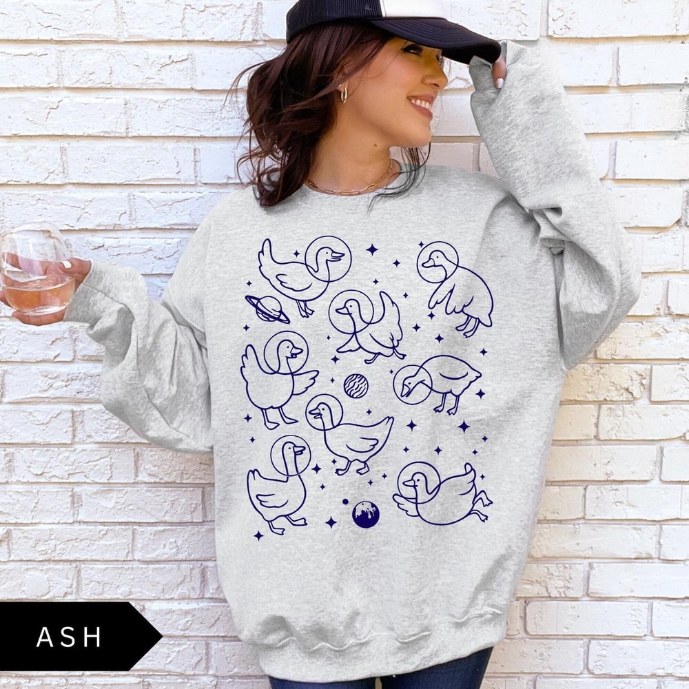 Geese In Space Sweatshirt Funny Goose Shirt Graphic Retro Goose Lover Gift Goose Crewneck 0