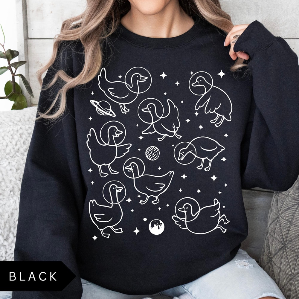 Geese In Space Sweatshirt Funny Goose Shirt Graphic Retro Goose Lover Gift Goose Crewneck 1