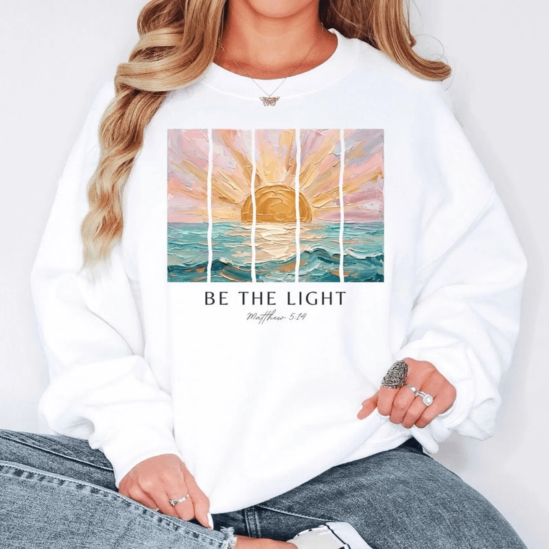 Be The Light Sweatshirt Christian Matthew Bible Verse Crewneck Inspirational Faith Sweatshirt 3