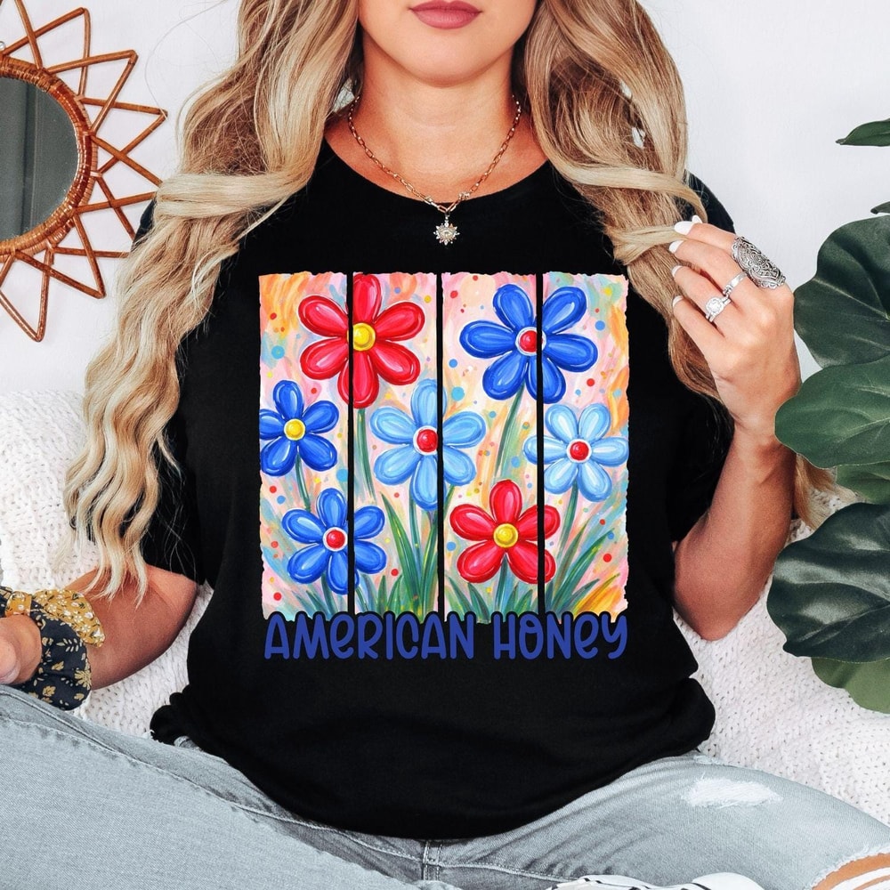 American Honey Shirt Patriotic Floral Americana Summer Graphic Tee For Women 0