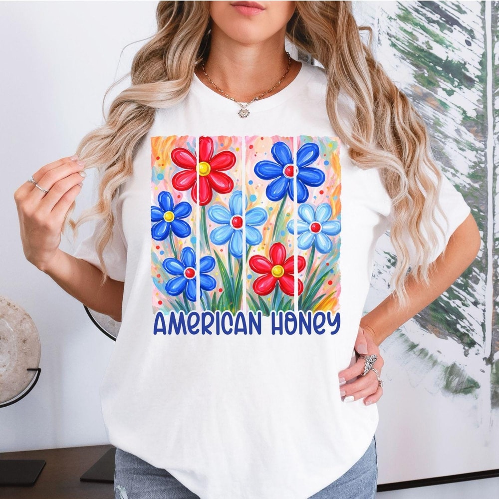 American Honey Shirt Patriotic Floral Americana Summer Graphic Tee For Women 1