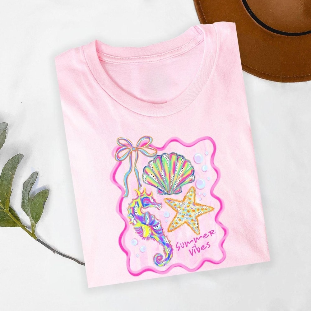 Summer Vibes TShirt Beach Shell Starfish Seahorse Coastal Graphic Tee For Vacation 1