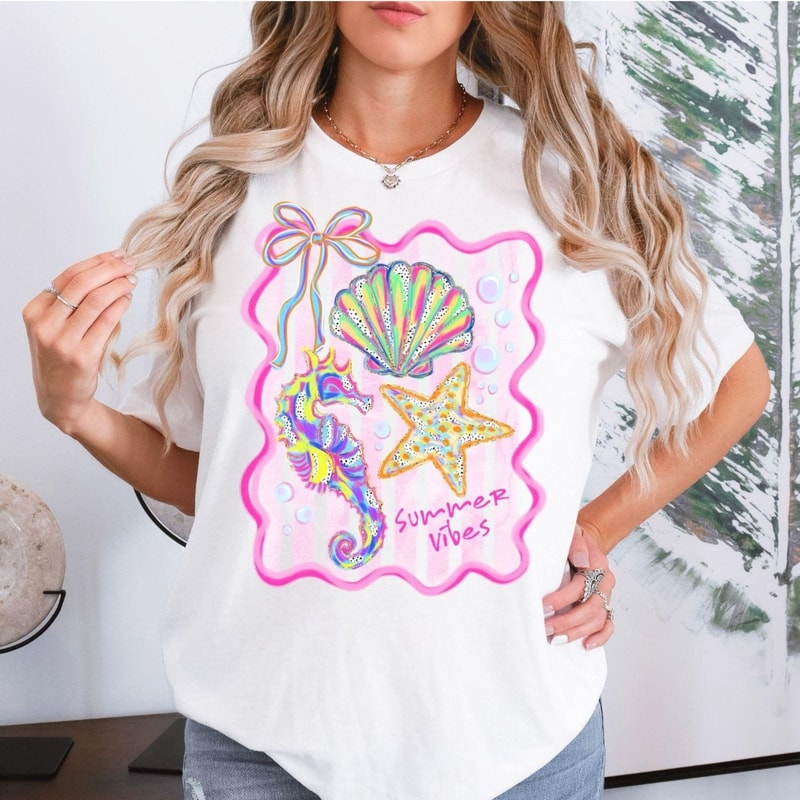 Summer Vibes TShirt Beach Shell Starfish Seahorse Coastal Graphic Tee For Vacation 2