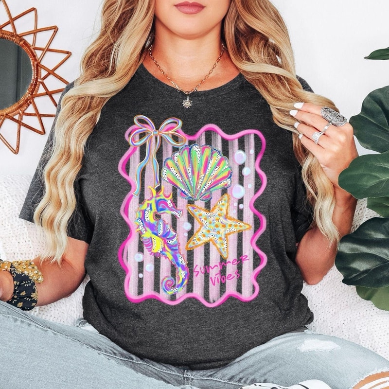 Summer Vibes TShirt Beach Shell Starfish Seahorse Coastal Graphic Tee For Vacation 4