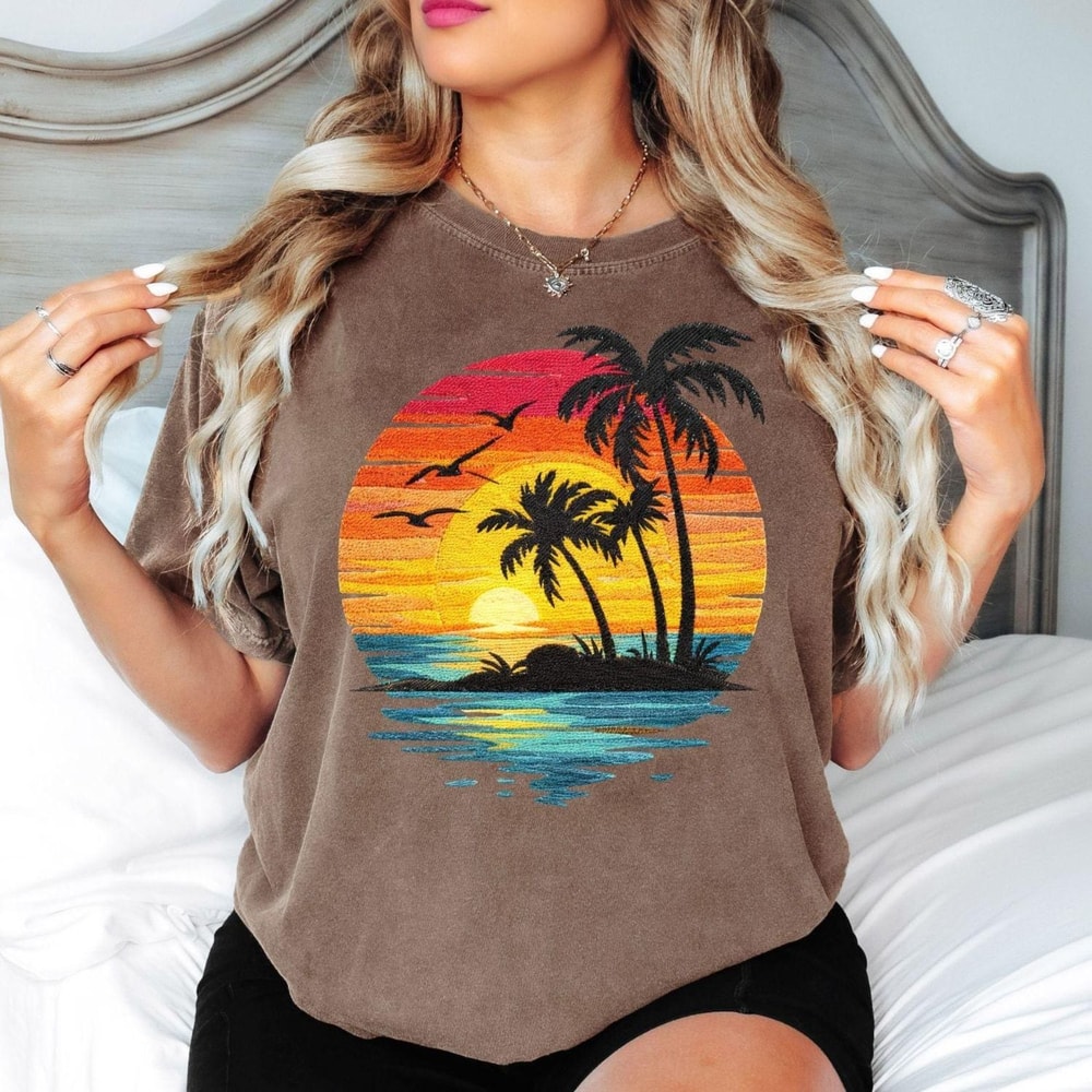 Comfort Colors Sunset Beach Shirt Tropical Palm Tree Ocean Sunset Coastal Aesthetic Tee 0