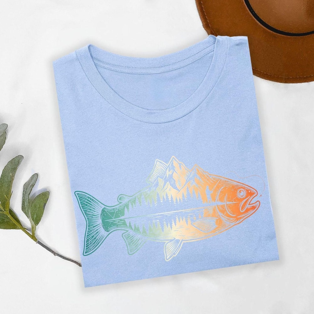 Fishing Shirt Mountain Trout Graphic Tee Outdoorsman Lake Fishing Camping Nature Angler Shirt 0