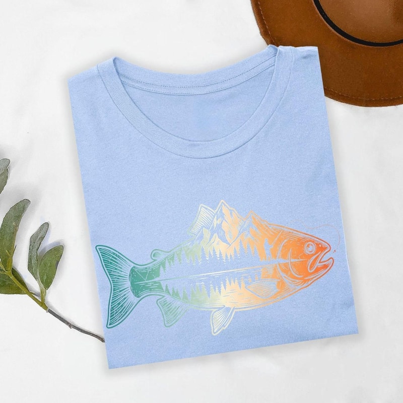 Fishing Shirt Mountain Trout Graphic Tee Outdoorsman Lake Fishing Camping Nature Angler Shirt 0