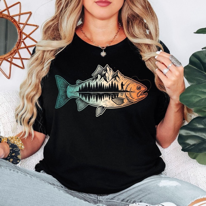 Fishing Shirt Mountain Trout Graphic Tee Outdoorsman Lake Fishing Camping Nature Angler Shirt 1