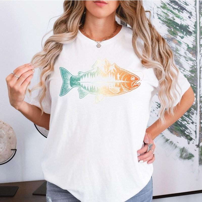 Fishing Shirt Mountain Trout Graphic Tee Outdoorsman Lake Fishing Camping Nature Angler Shirt 5