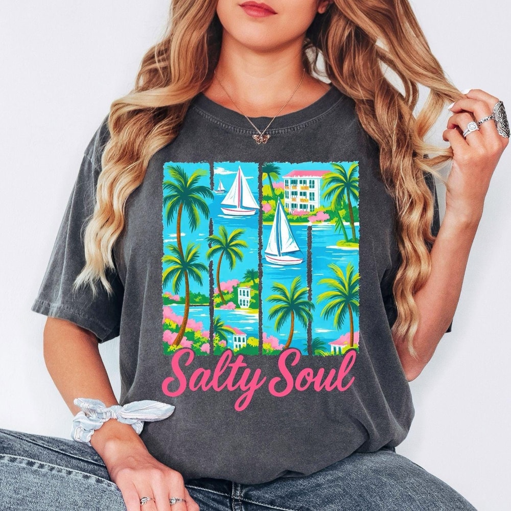 Comfort Colors Beach Vacation Shirt Salty Soul Coastal Palm Graphic Tee For Summer Ocean Lovers 1
