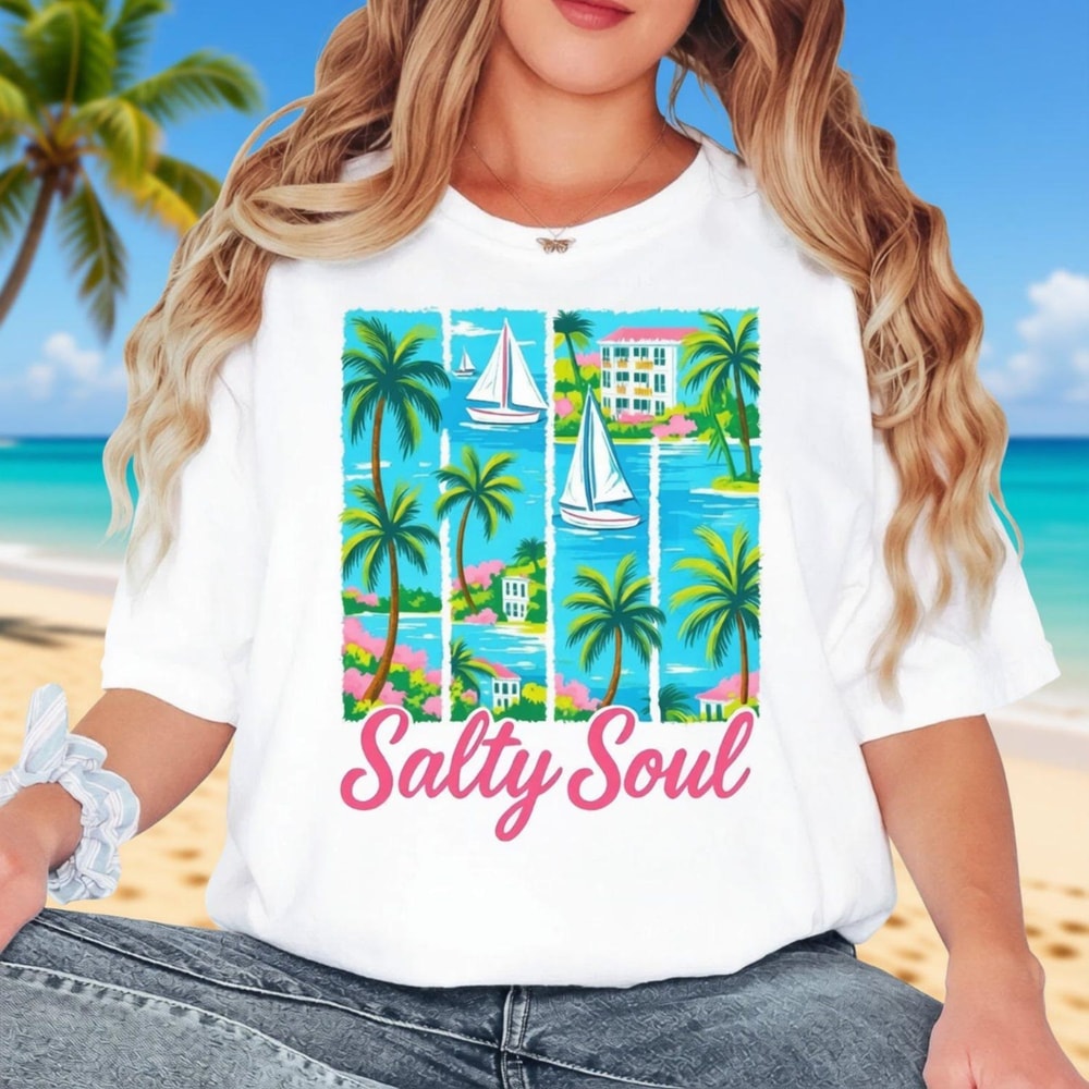 Comfort Colors Beach Vacation Shirt Salty Soul Coastal Palm Graphic Tee For Summer Ocean Lovers 0