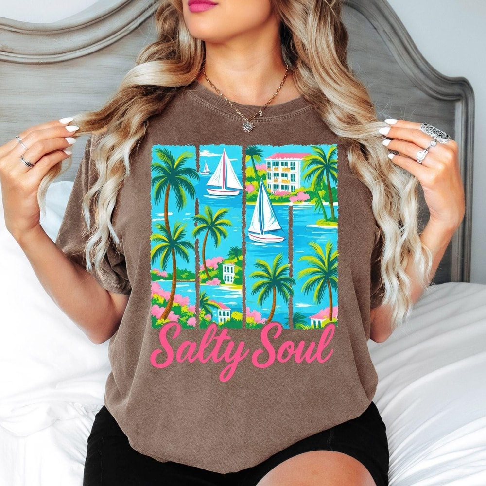 Comfort Colors Beach Vacation Shirt Salty Soul Coastal Palm Graphic Tee For Summer Ocean Lovers 2