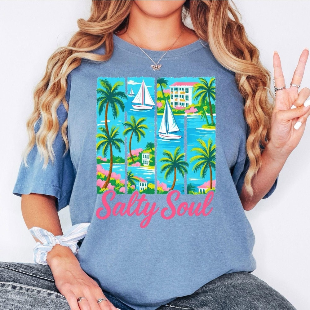 Comfort Colors Beach Vacation Shirt Salty Soul Coastal Palm Graphic Tee For Summer Ocean Lovers 5