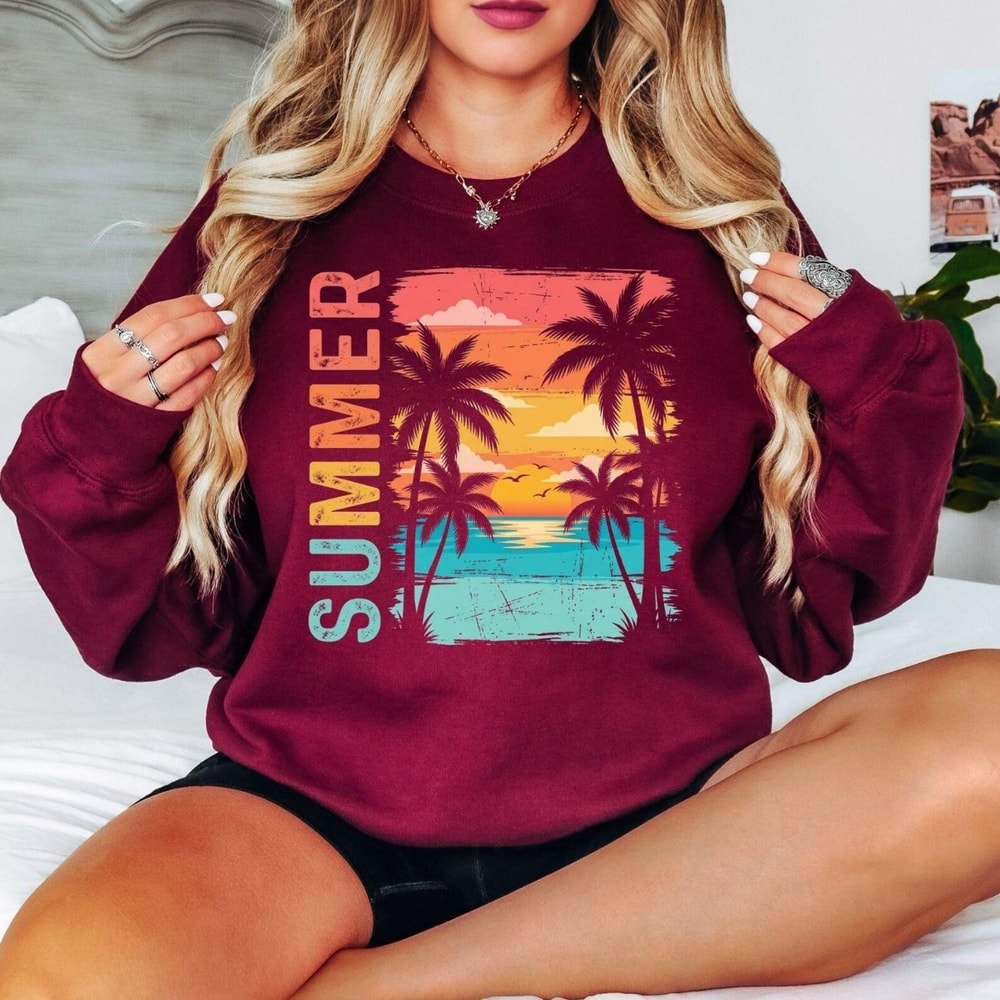 Summer Sunset Beach Sweatshirt Vintage Summer Shirt Tropical Palm Tree Shirt Coastal Vacation Sweat 1