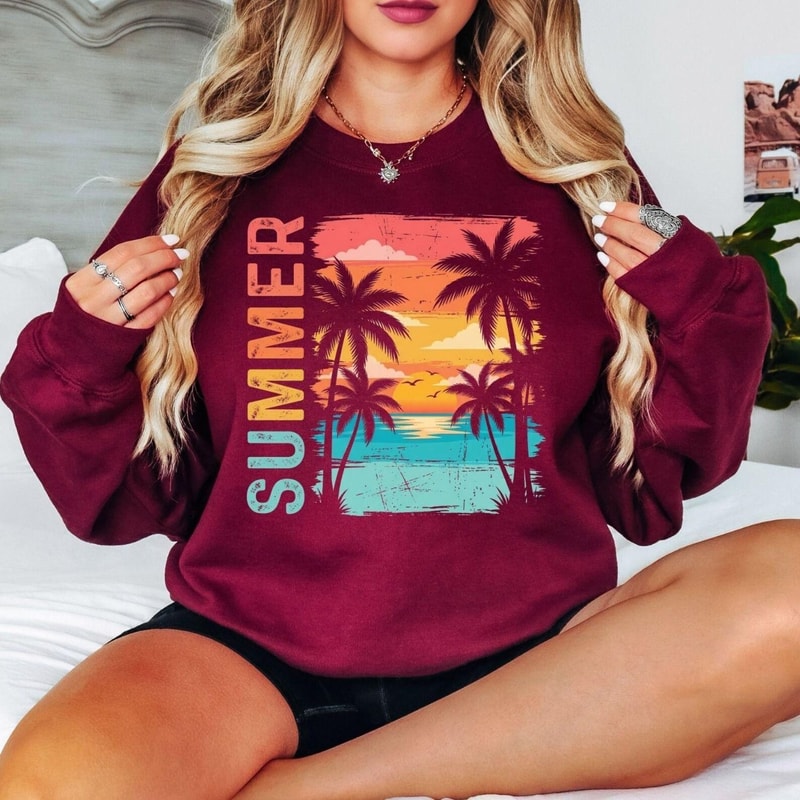 Summer Sunset Beach Sweatshirt Vintage Summer Shirt Tropical Palm Tree Shirt Coastal Vacation Sweat 1