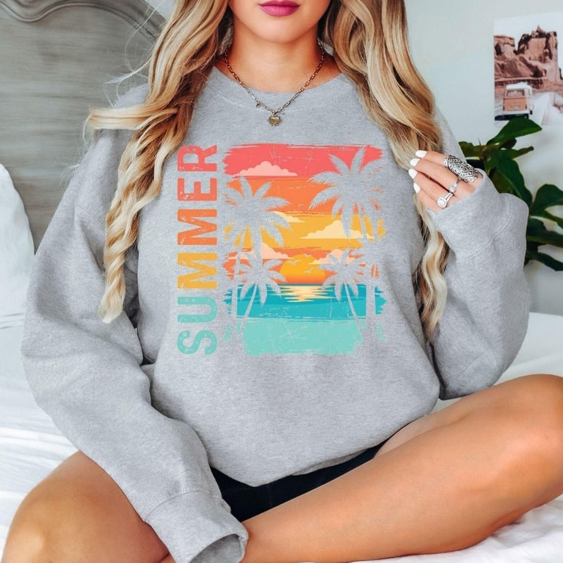 Summer Sunset Beach Sweatshirt Vintage Summer Shirt Tropical Palm Tree Shirt Coastal Vacation Sweat 3