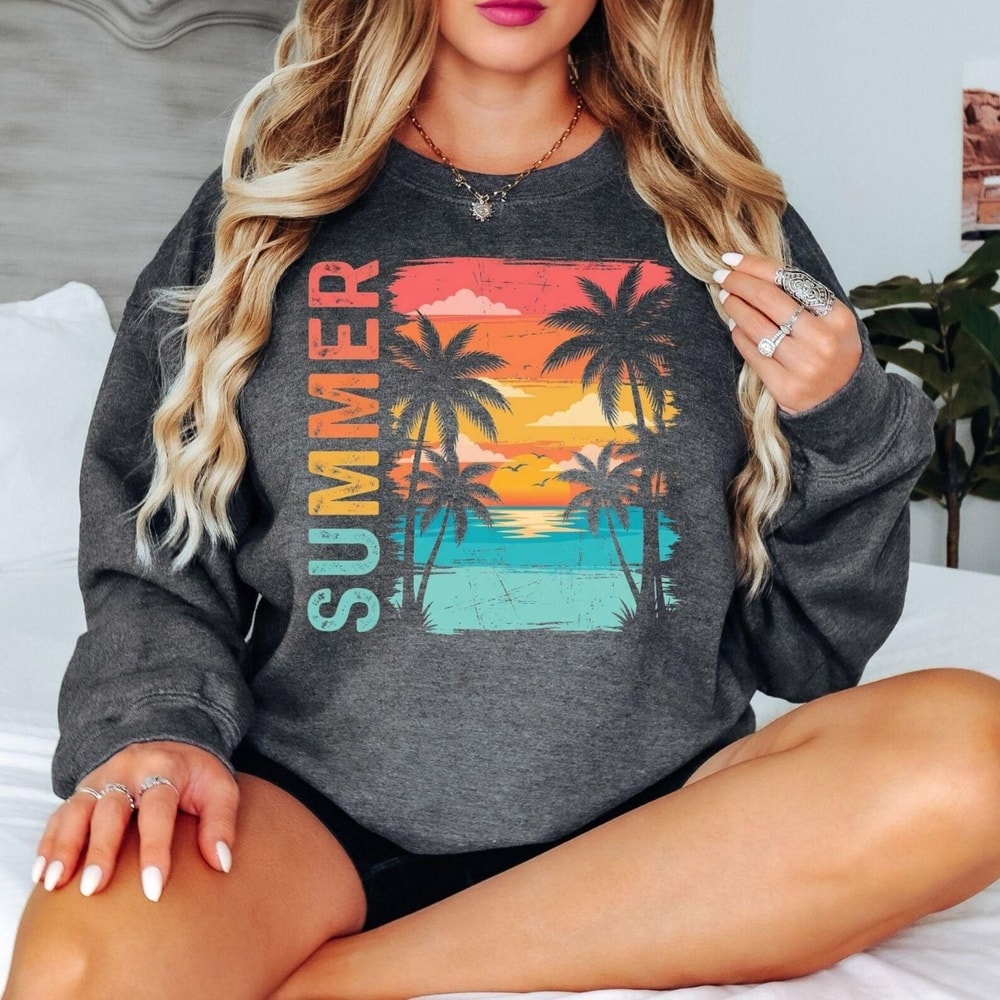 Summer Sunset Beach Sweatshirt Vintage Summer Shirt Tropical Palm Tree Shirt Coastal Vacation Sweat 4
