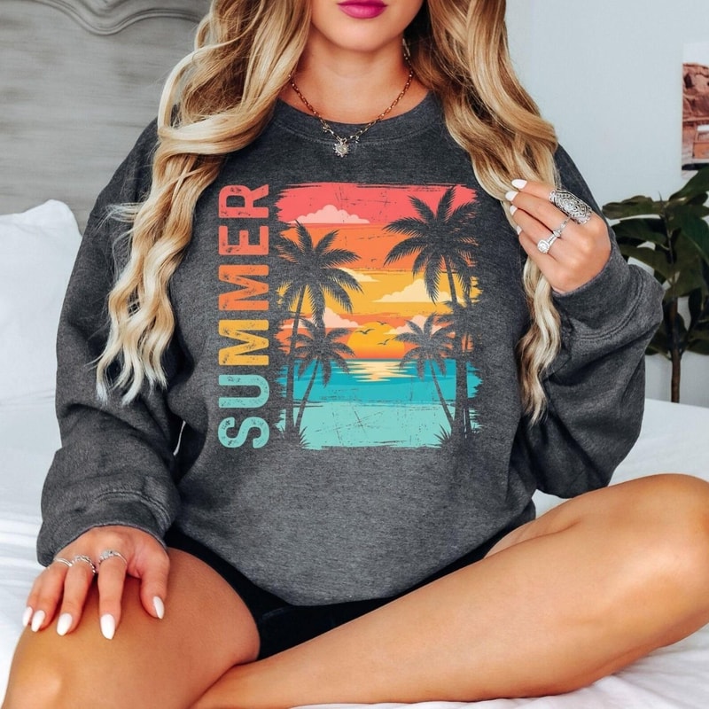 Summer Sunset Beach Sweatshirt Vintage Summer Shirt Tropical Palm Tree Shirt Coastal Vacation Sweat 4