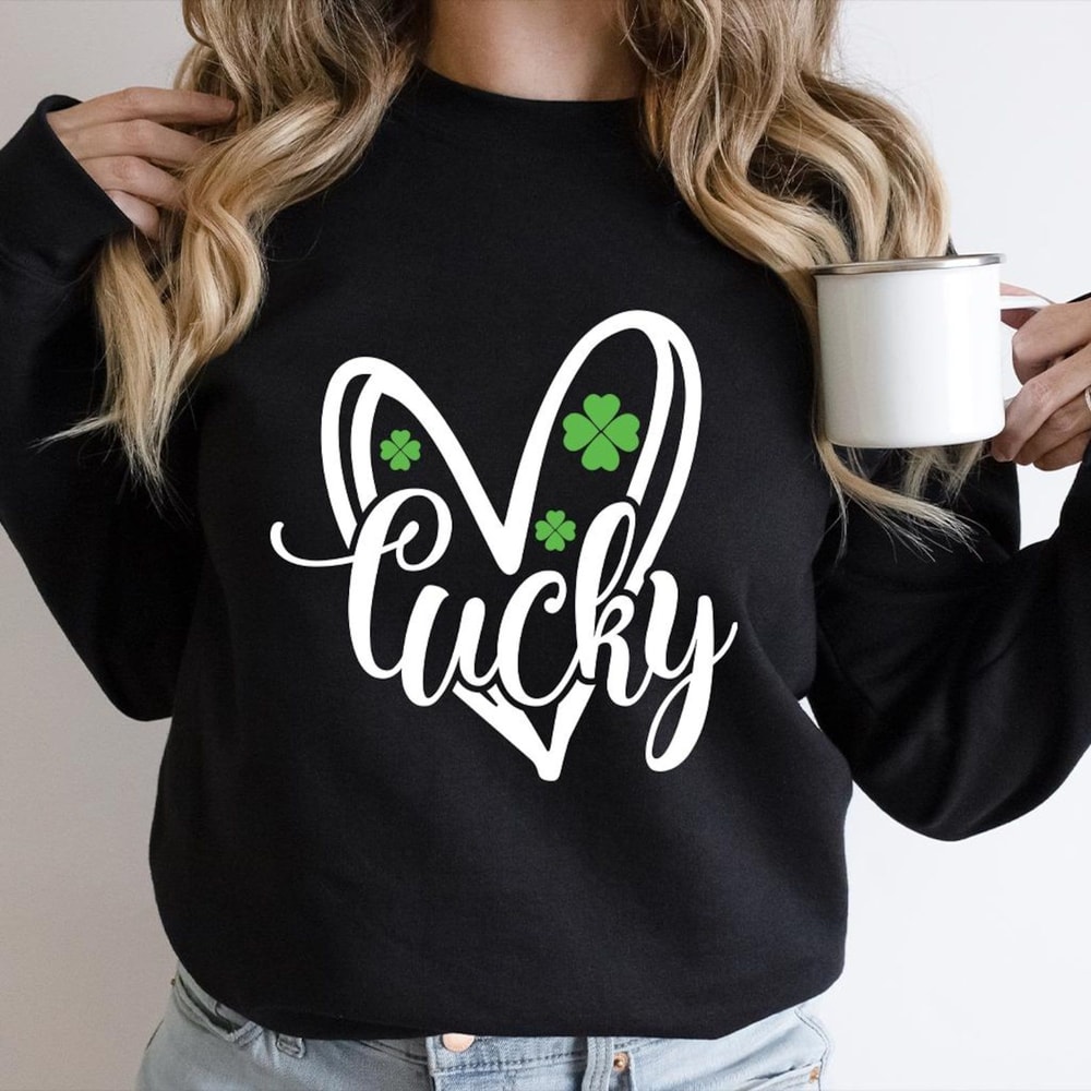 Heart Shamrock Sweatshirt Womens Lucky Irish St Patricks Day Hoodie Clover Heart Crewneck Pullover 2