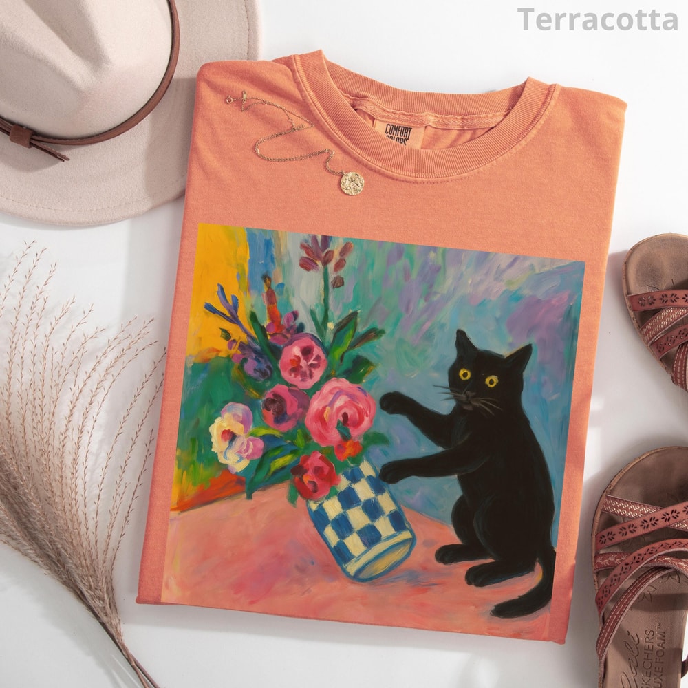 Funny Black Cat Art Shirt Matisse Inspired Kitty Lover Graphic Tee 3