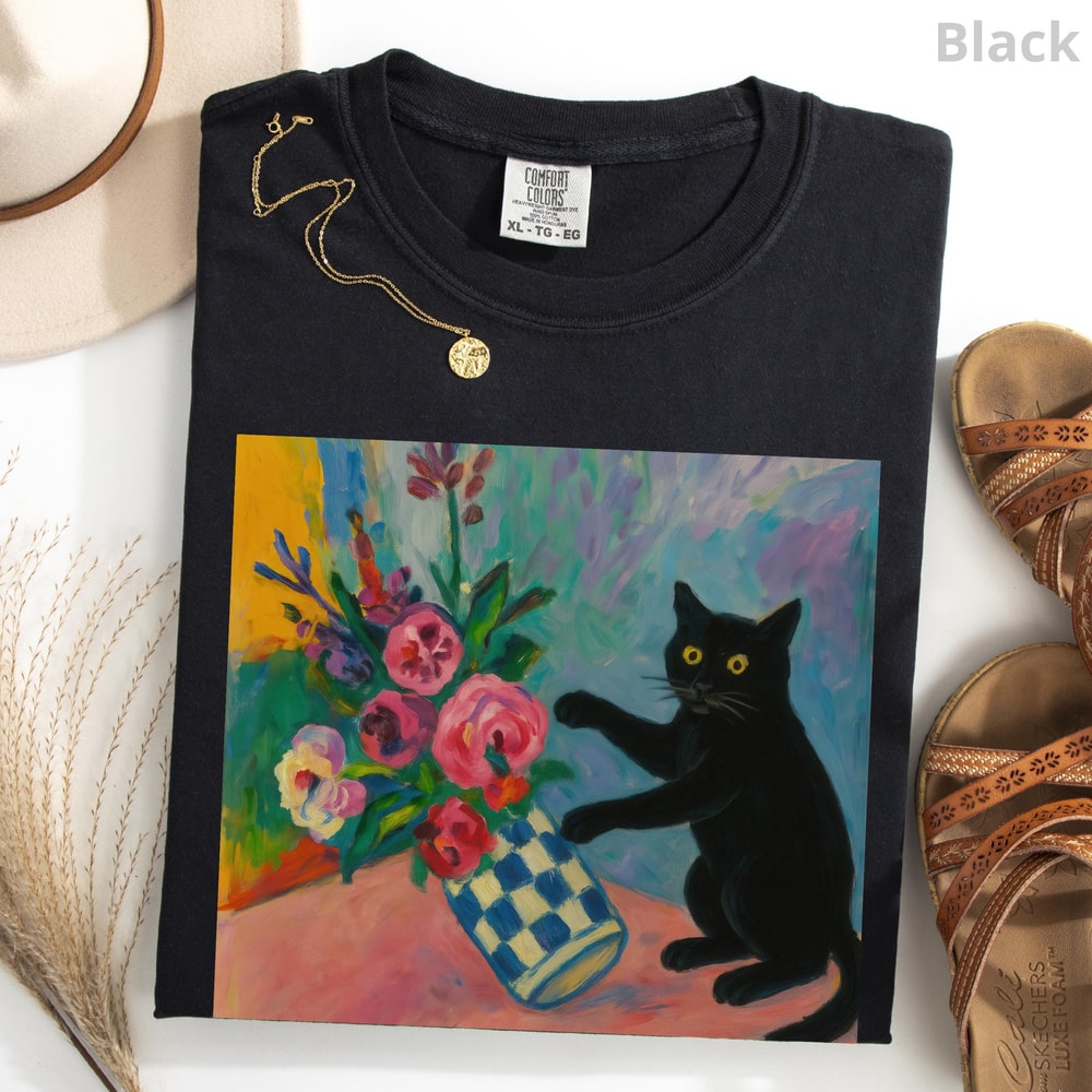 Funny Black Cat Art Shirt Matisse Inspired Kitty Lover Graphic Tee 4