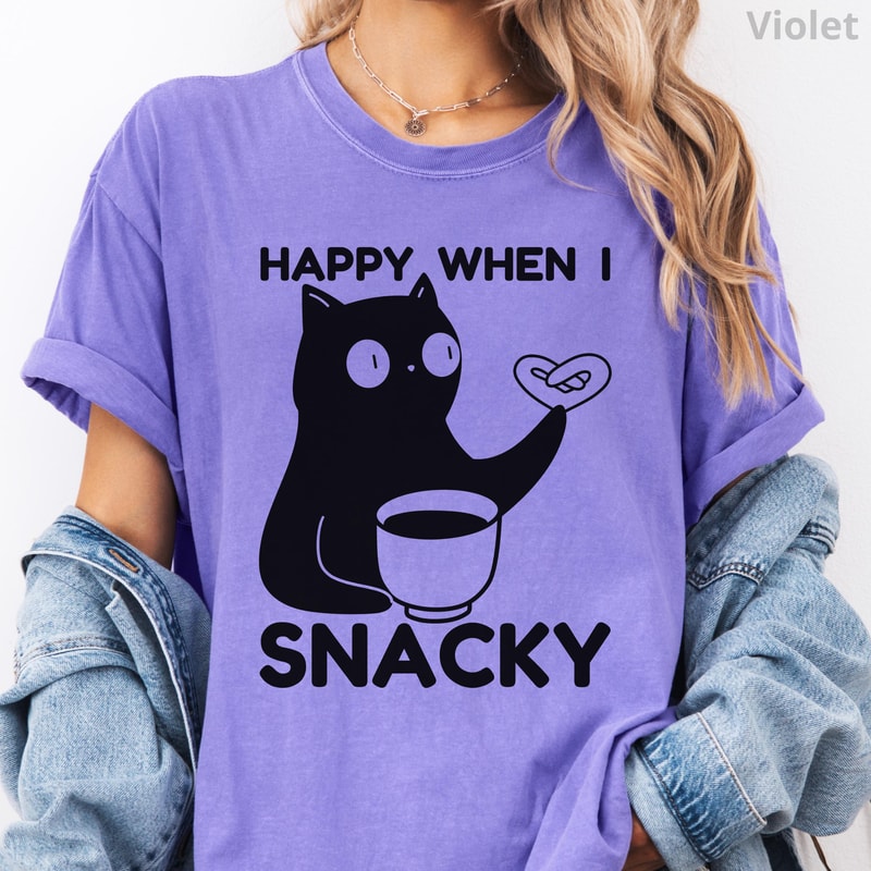 Happy When I Snacky Cat Shirt 100 Cotton Funny Snack Coffee Lover Unisex Graphic Tee 2