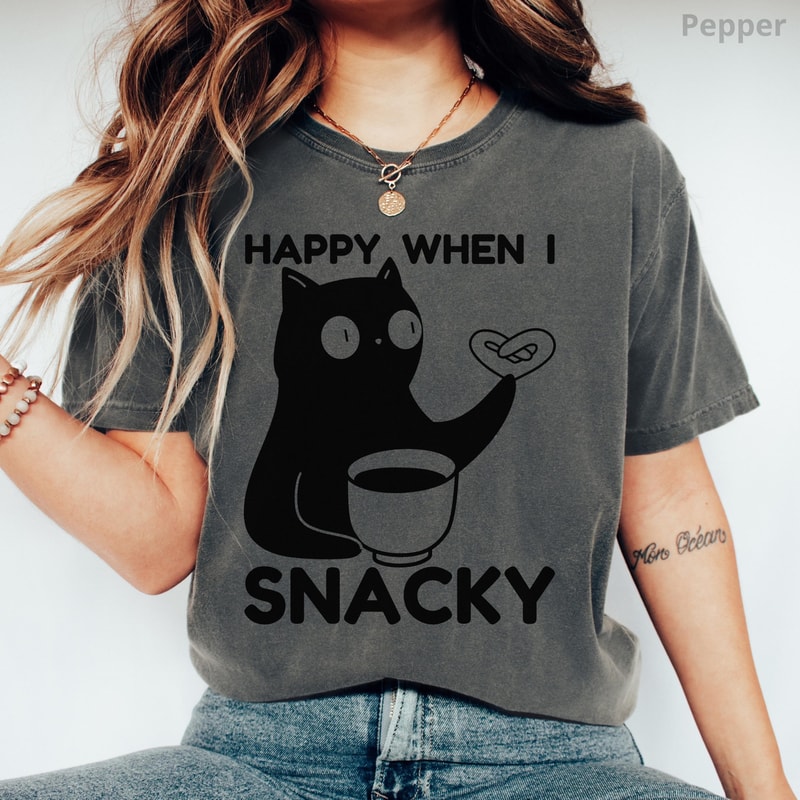 Happy When I Snacky Cat Shirt 100 Cotton Funny Snack Coffee Lover Unisex Graphic Tee 4