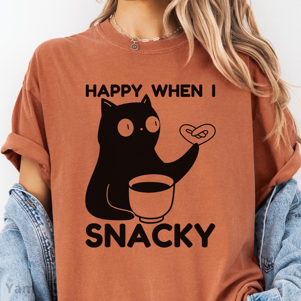 Happy When I Snacky Cat Shirt 100 Cotton Funny Snack Coffee Lover Unisex Graphic Tee 5