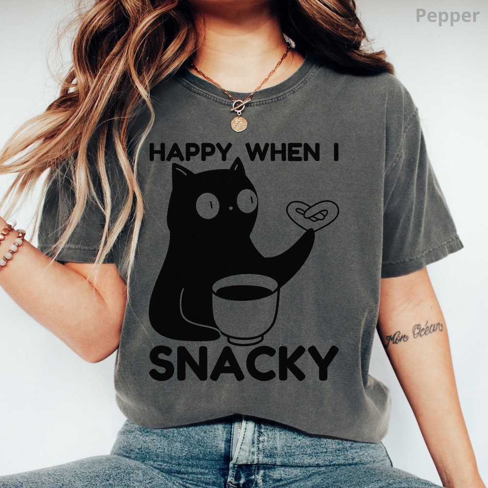 Cat Shirt 100 Cotton Unisex Happy When I Snacky TShirt Funny Cat Tee Coffee Lover T Shirt 1
