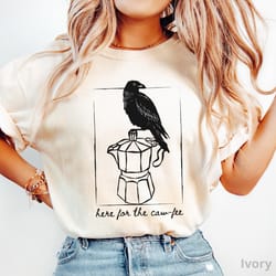 caw-fee crow raven coffee shirt 100% cotton halloween fall tee bird lover coffee humor t-shirt