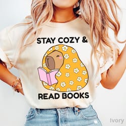 capybara reading shirt cozy 100% cotton book lover unisex graphic tee
