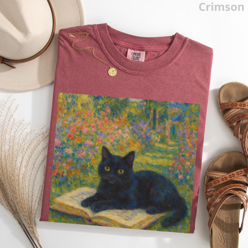 Monet Cat Shirt 100 Cotton Impressionist Black Cat Art Tee Vintage Art TShirt 1