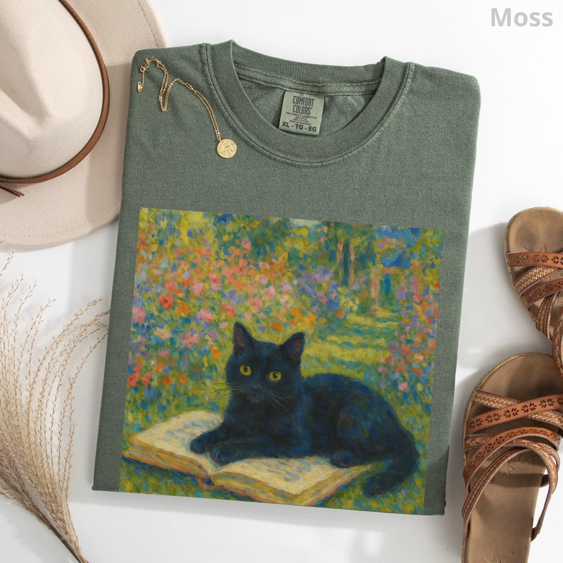 Monet Cat Shirt 100 Cotton Impressionist Black Cat Art Tee Vintage Art TShirt 2